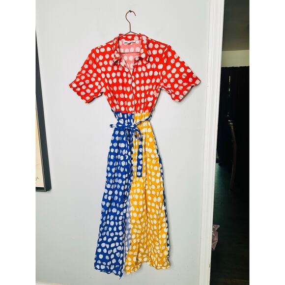 BUSAYO COLLECTIVE Colorblock Polka Dot Print Button Front Tie Waist Dress 10 - Picture 4 of 10